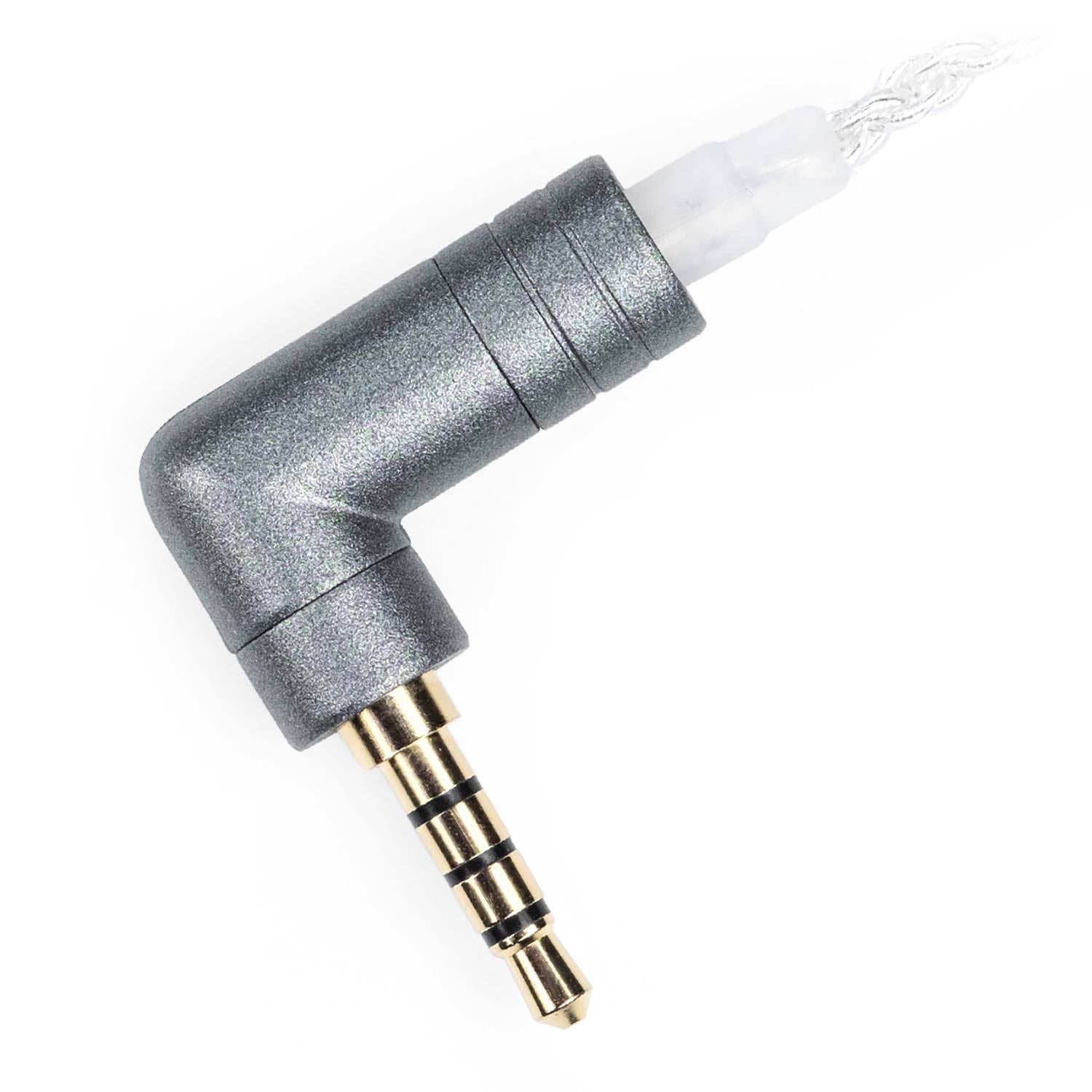 Close-up of the iFi Audio iEMatch+ Earphone Sensitivity Matching Device angled 3.5mm TRRS connector with cable attached