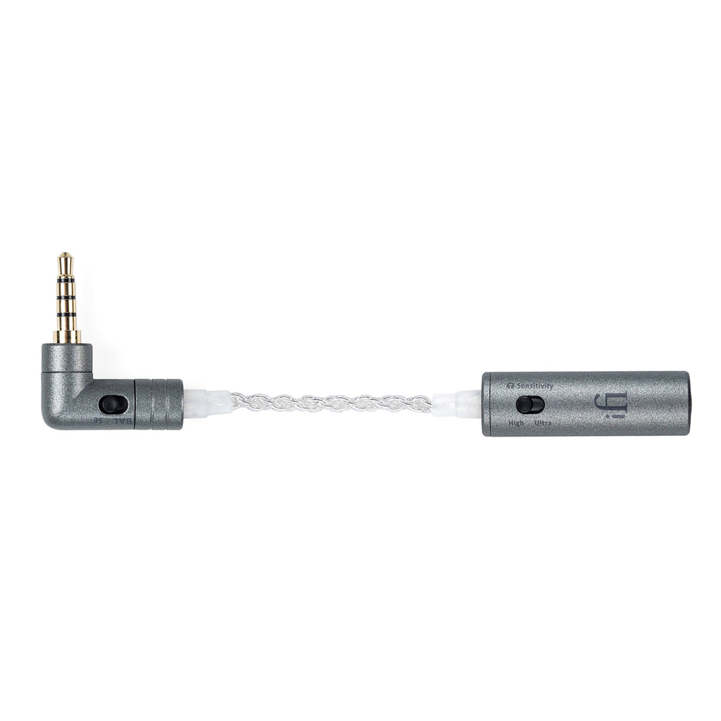 iFi Audio iEMatch+ Earphone Sensitivity Matching Device with braided cable and 3.5mm TRRS connector on white background