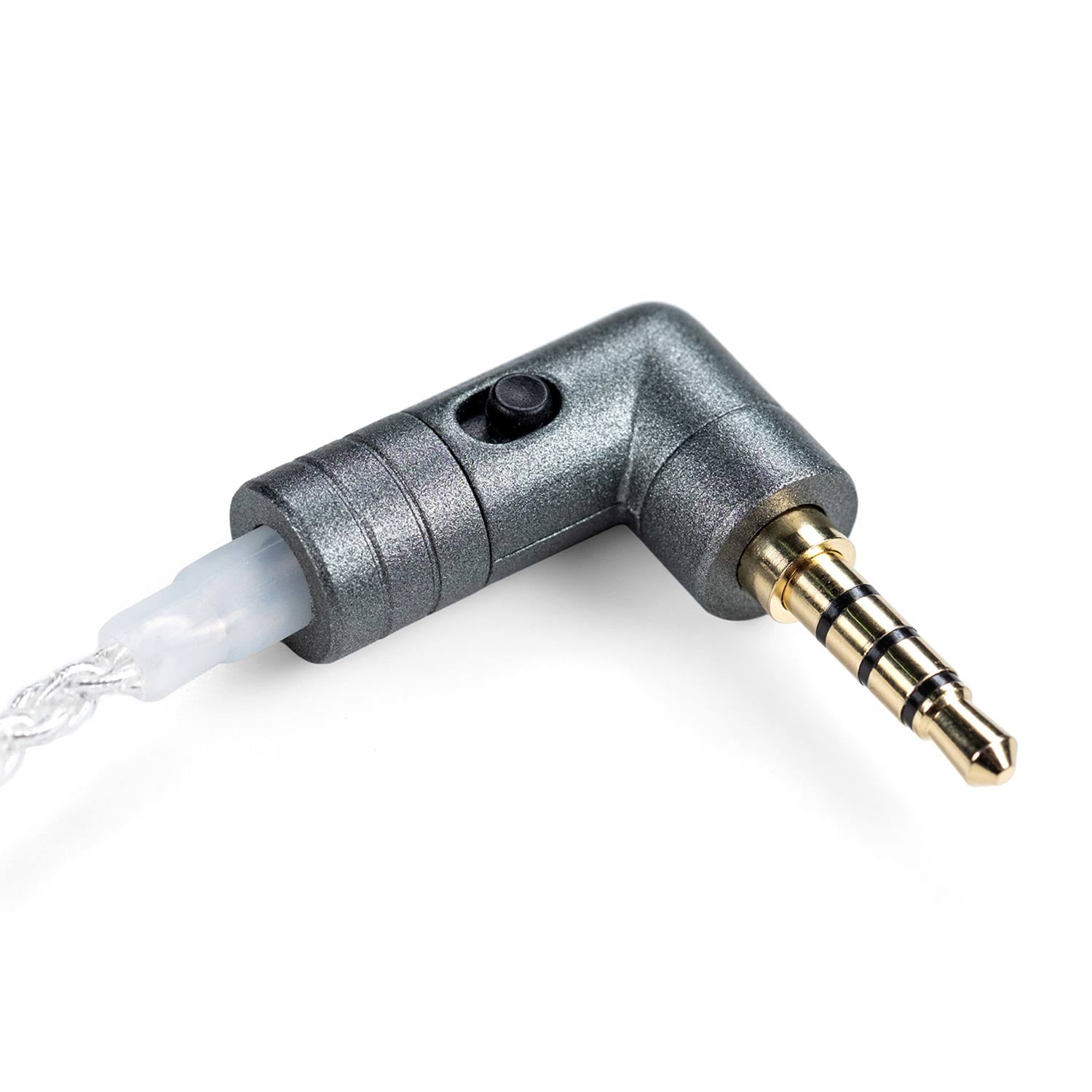 Close-up of the iFi Audio iEMatch+ Earphone Sensitivity Matching Device with angled 3.5mm TRRS connector on white background