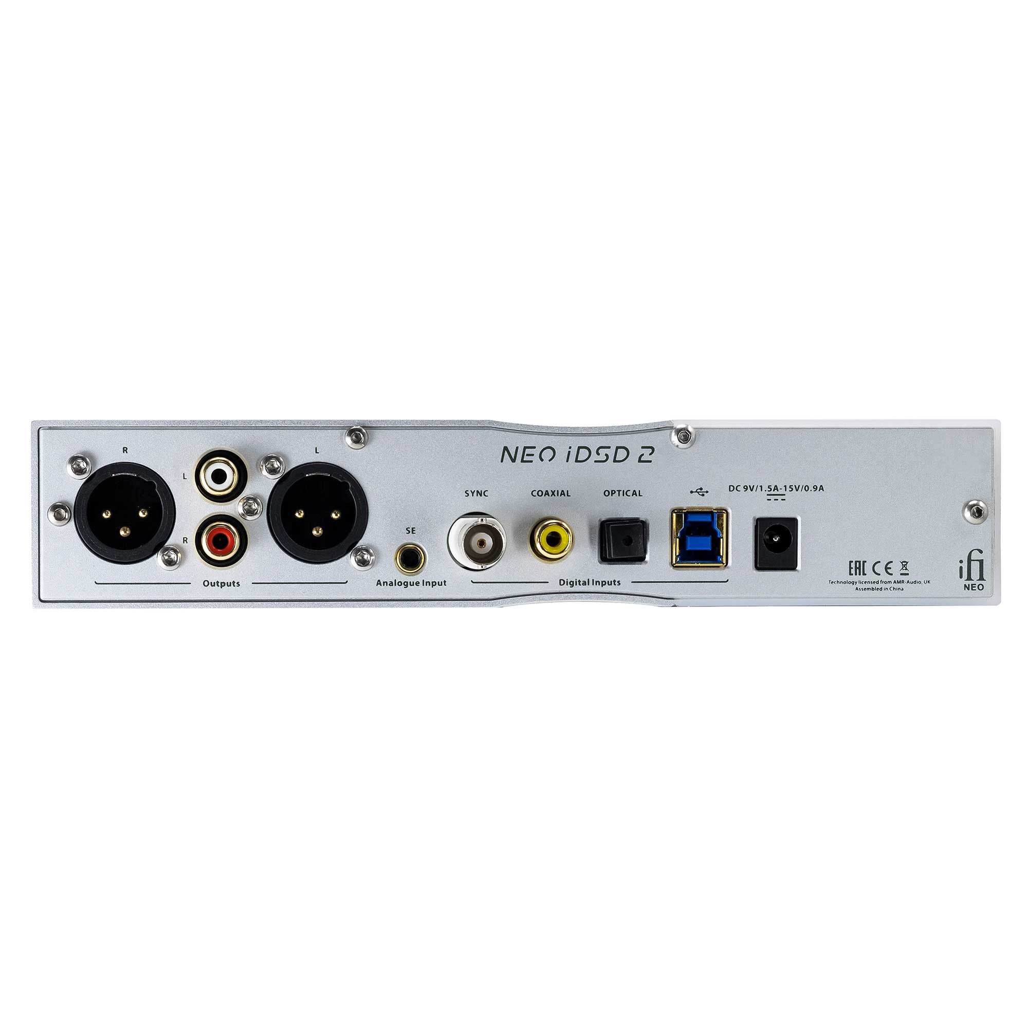 Rear view of iFi Audio NEO iDSD 2 Fully Balanced Desktop DAC & Headphone Amplifier showing various analog and digital input and output ports