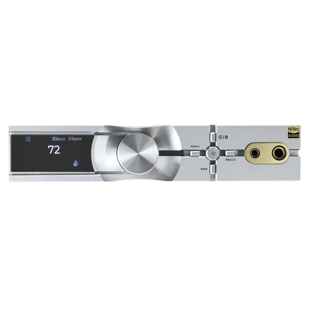 Front view of iFi Audio NEO iDSD 2 Fully Balanced Desktop DAC & Headphone Amplifier with display and control dial on white background