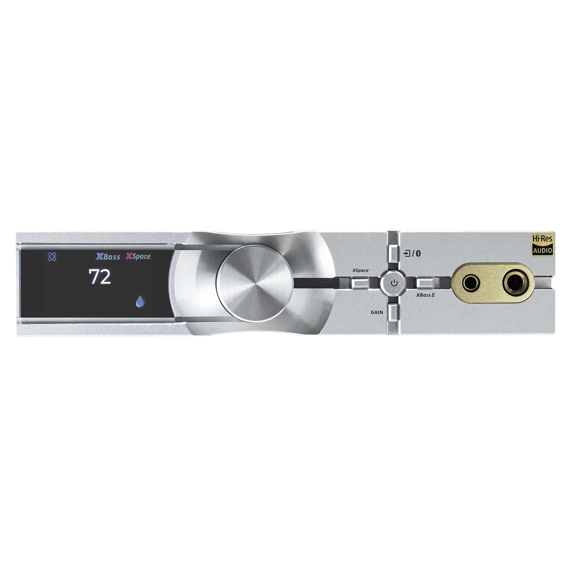 Front view of iFi Audio NEO iDSD 2 Fully Balanced Desktop DAC & Headphone Amplifier with display and control dial on white background