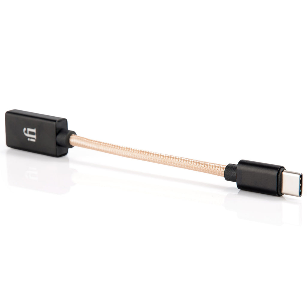 iFi Audio Audiophile On-the-Go (OTG) Cable with USB-C connector and braided design on white background