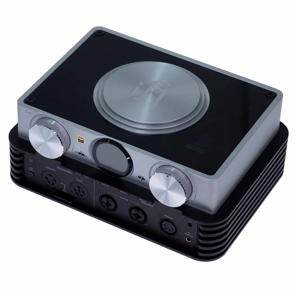 iFi Audio iCAN Phantom Premium Headphone Amplifier with dual silver knobs and black top plate on white background