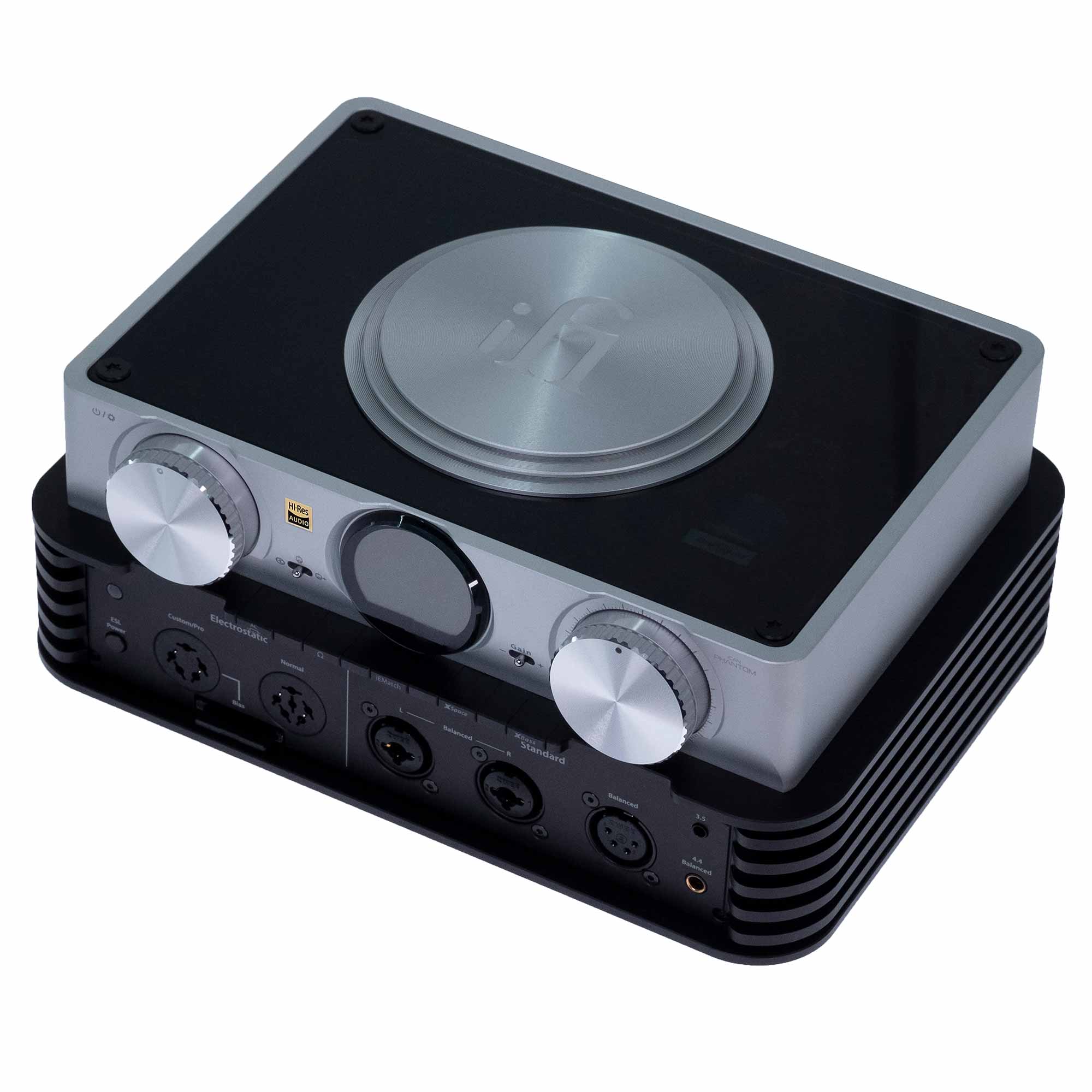 iFi Audio iCAN Phantom Premium Headphone Amplifier with dual silver knobs and black top plate on white background