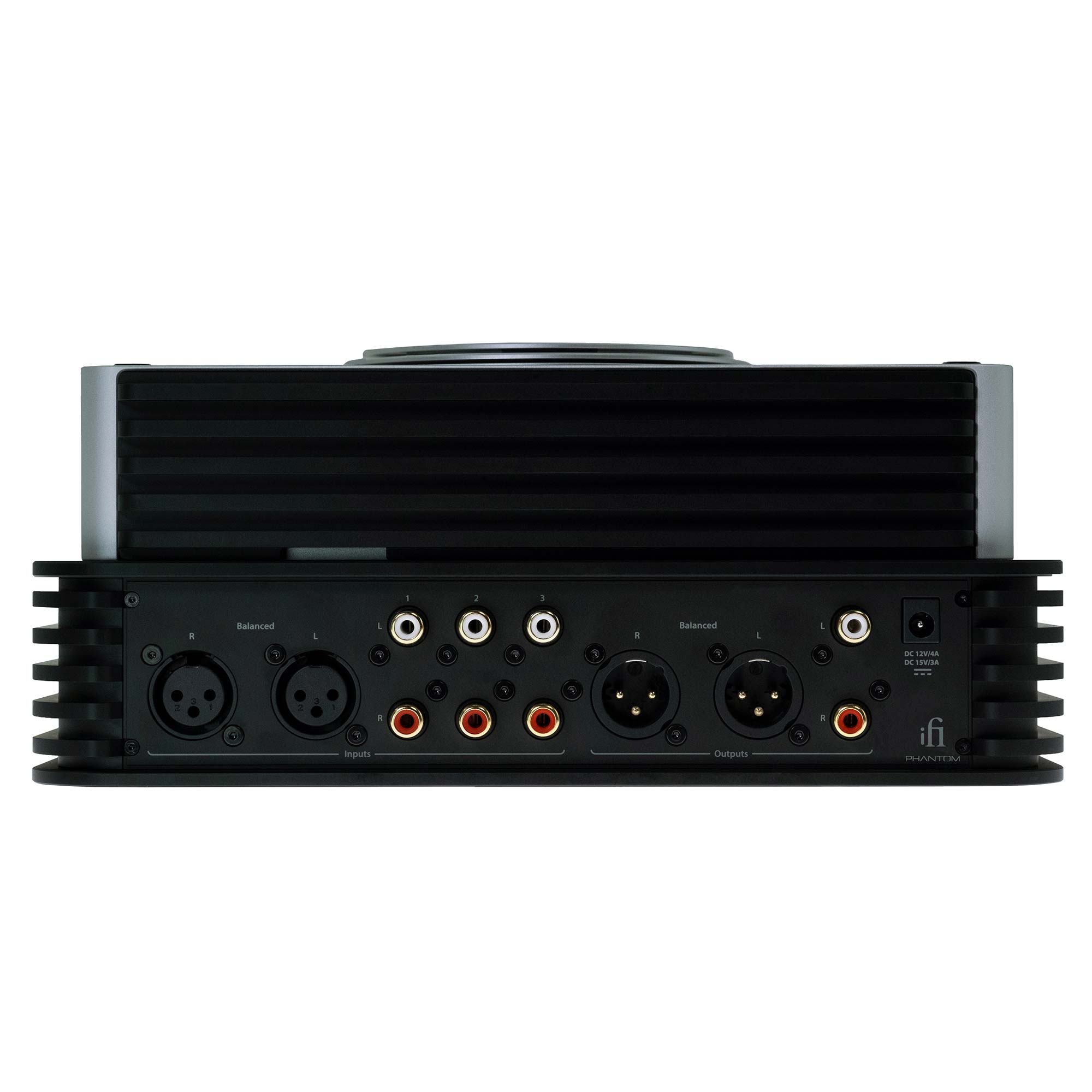 Rear view of the iFi Audio iCAN Phantom Premium Headphone Amplifier showing multiple balanced and RCA audio inputs and outputs
