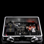 Internal view of the iFi Audio iCAN Phantom Premium Headphone Amplifier showing circuit board and vacuum tubes on black background