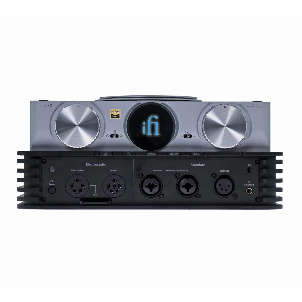 Front view of the iFi Audio iCAN Phantom Premium Headphone Amplifier with knobs and multiple audio inputs visible