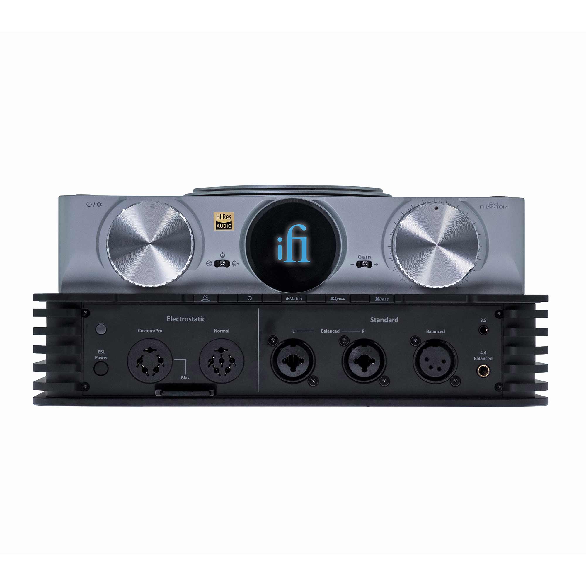 Front view of the iFi Audio iCAN Phantom Premium Headphone Amplifier with knobs and multiple audio inputs visible