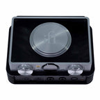 Top view of iFi Audio iCAN Phantom Premium Headphone Amplifier with silver dials and brushed metal center on black base