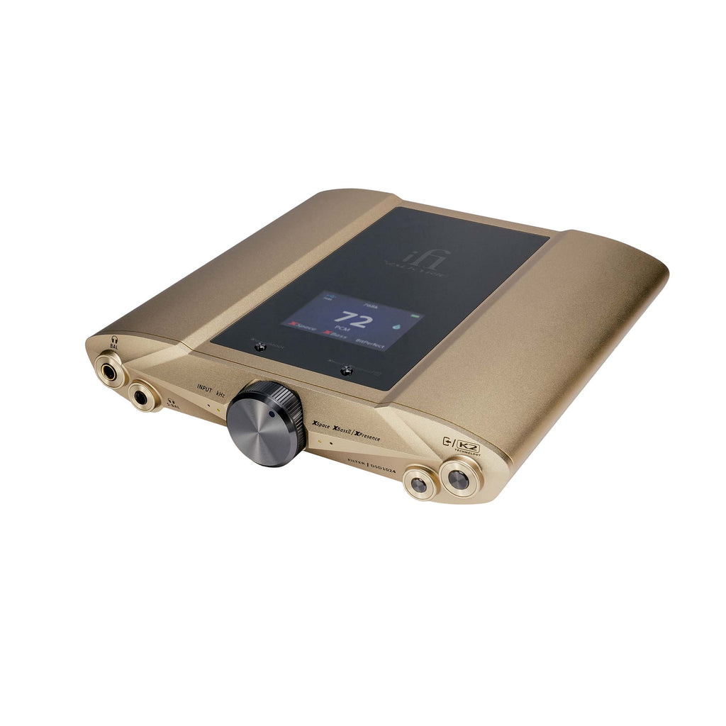 iFi Audio iDSD Valkyrie DAC and Headphone Amp in gold with volume knob and digital display on white background