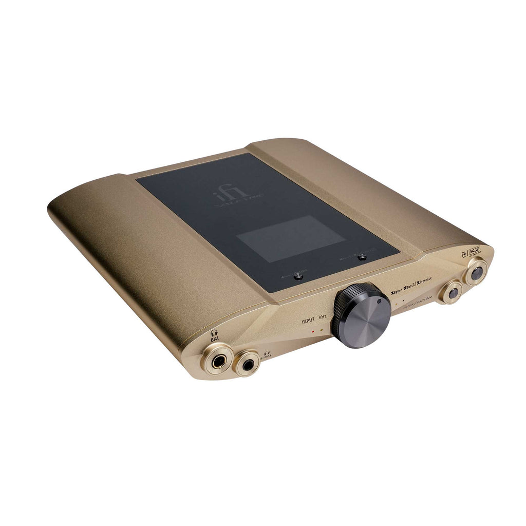 iFi Audio iDSD Valkyrie DAC and Headphone Amp with gold finish and front volume knob on white background