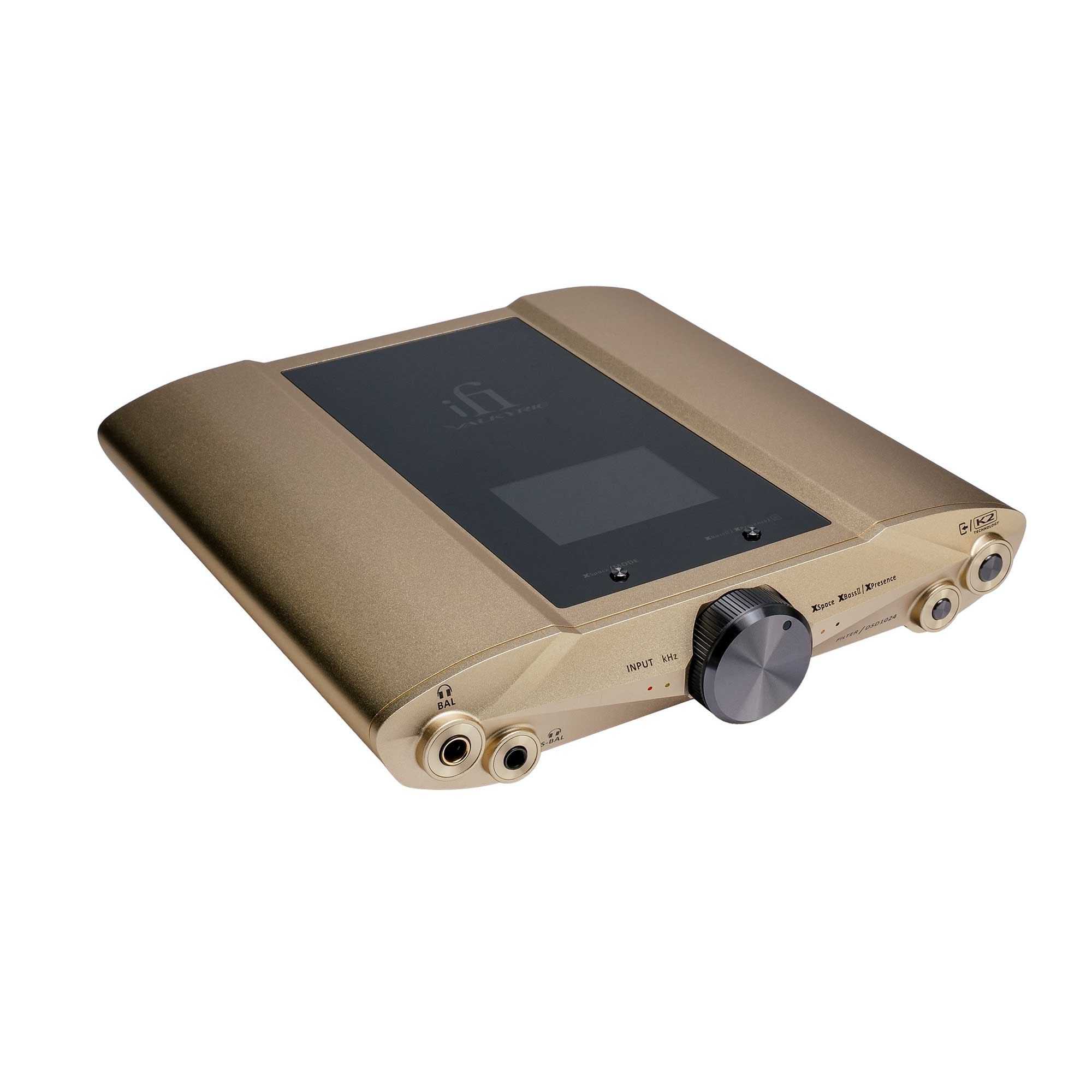 iFi Audio iDSD Valkyrie DAC and Headphone Amp with gold finish and front volume knob on white background