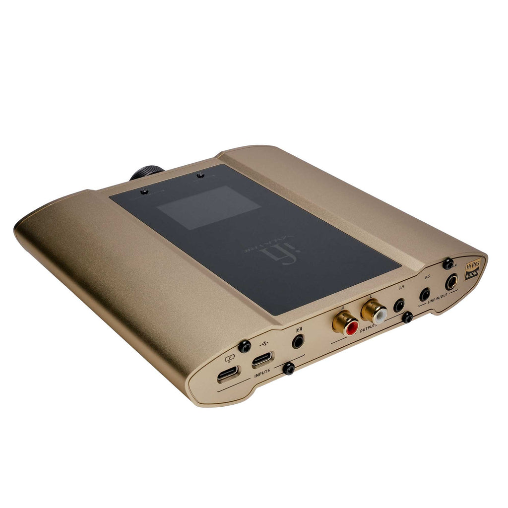 iFi Audio iDSD Valkyrie DAC and Headphone Amp angled view showing ports and control knob on a white background