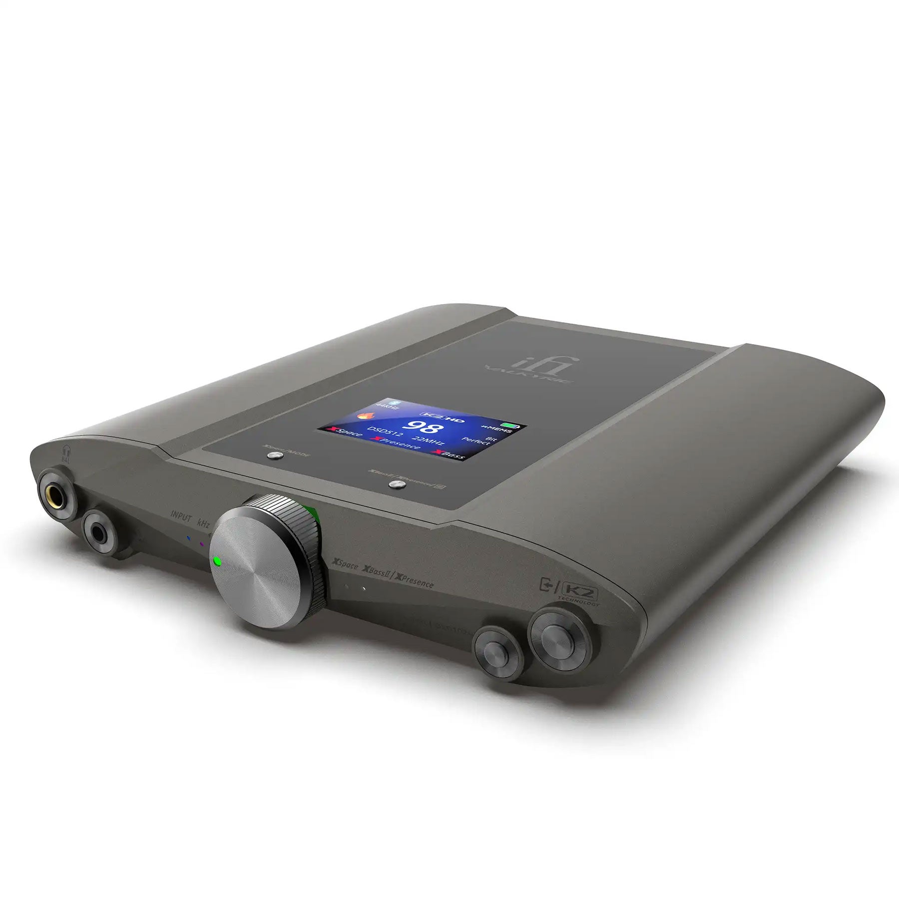 iFi Audio iDSD Valkyrie DAC and Headphone Amp with volume knob and color display on white background