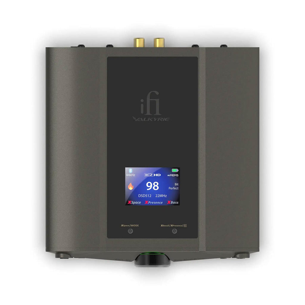 Top view of iFi Audio iDSD Valkyrie DAC and Headphone Amp with color display showing audio settings on gray background