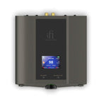 Top view of iFi Audio iDSD Valkyrie DAC and Headphone Amp with color display showing audio settings on gray background