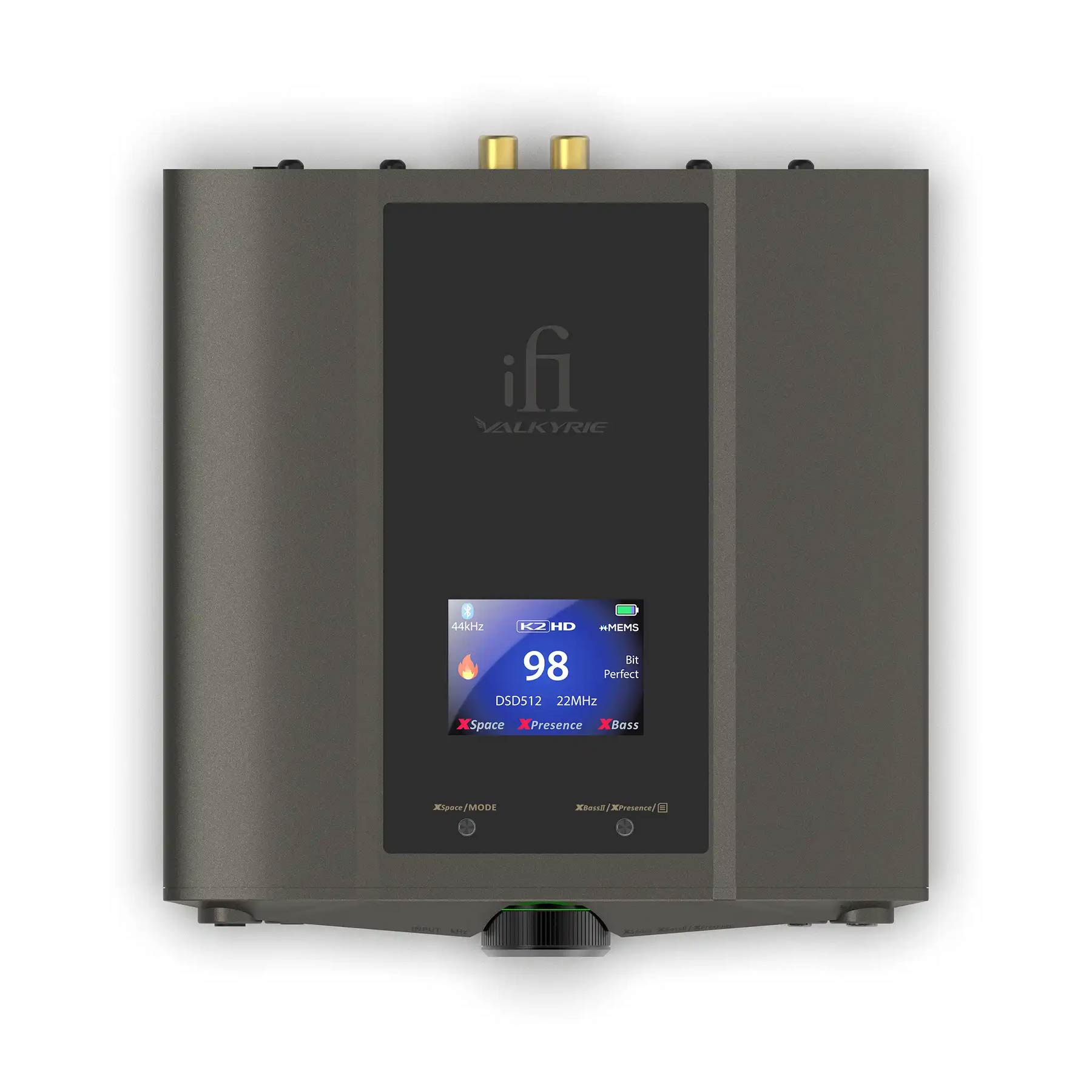 Top view of iFi Audio iDSD Valkyrie DAC and Headphone Amp with color display showing audio settings on gray background