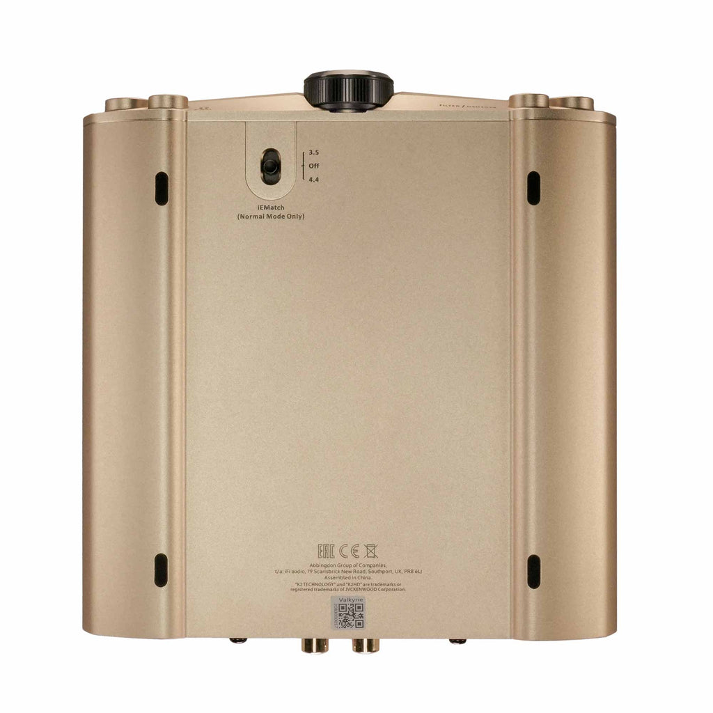 Back view of the gold iFi Audio iDSD Valkyrie DAC and Headphone Amp showing control switch and input ports