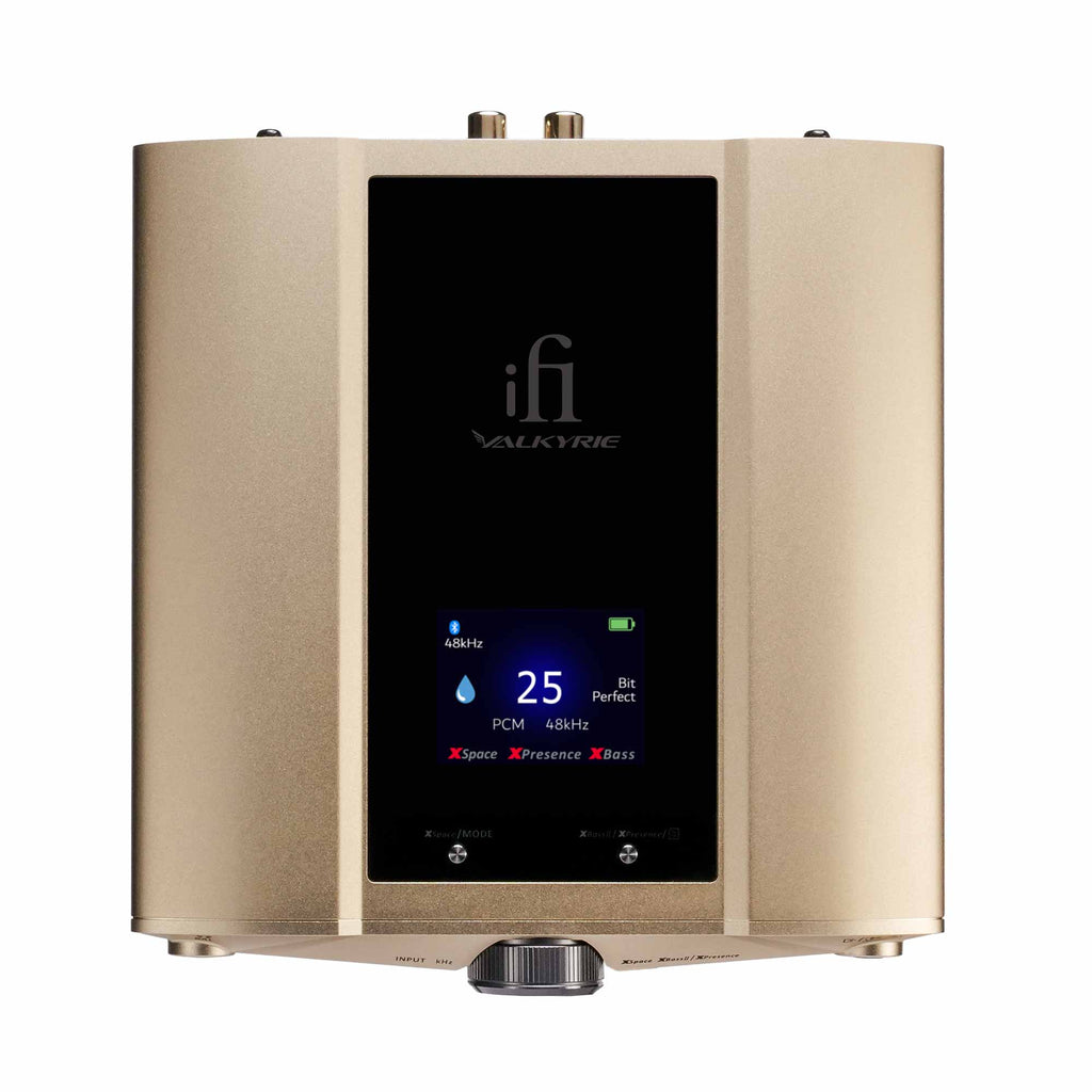Top view of iFi Audio iDSD Valkyrie DAC and Headphone Amp with display showing audio settings on gold chassis