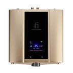 Top view of iFi Audio iDSD Valkyrie DAC and Headphone Amp with display showing audio settings on gold chassis