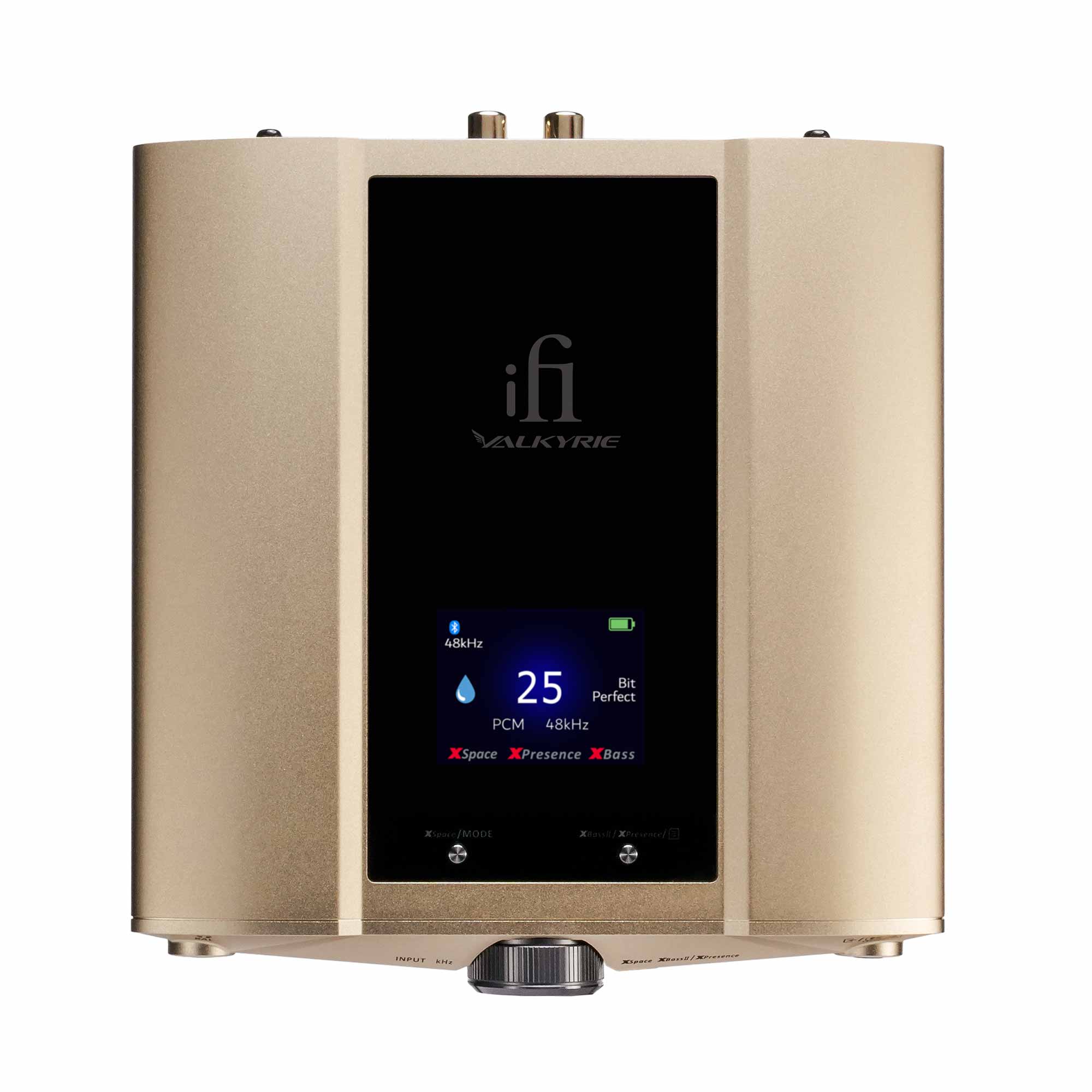 Top view of iFi Audio iDSD Valkyrie DAC and Headphone Amp with display showing audio settings on gold chassis