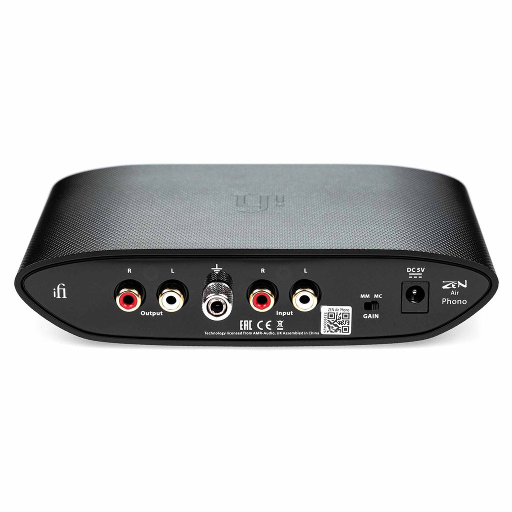 Rear view of iFi Audio ZEN Air Phono showing RCA input and output connectors and power port on white background