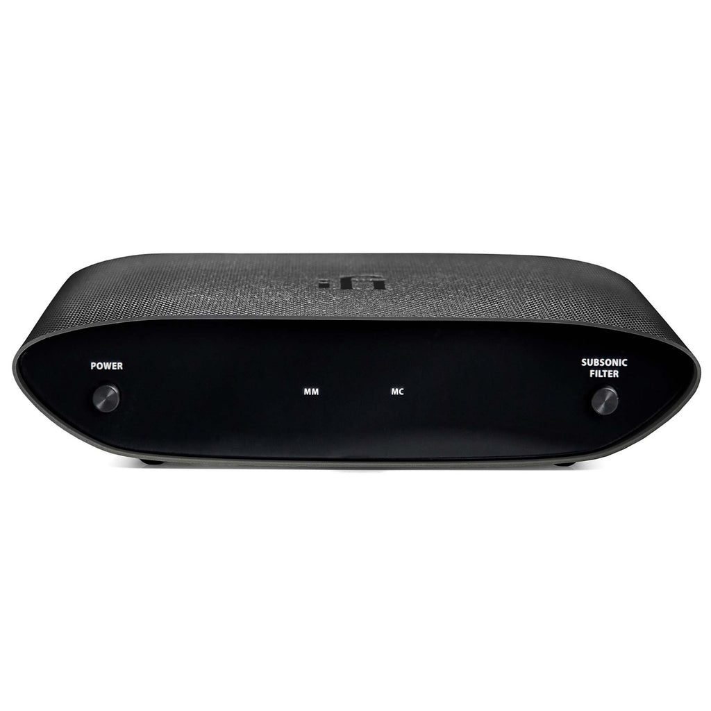 Front view of the black iFi Audio ZEN Air Phono with power and subsonic filter buttons on white background