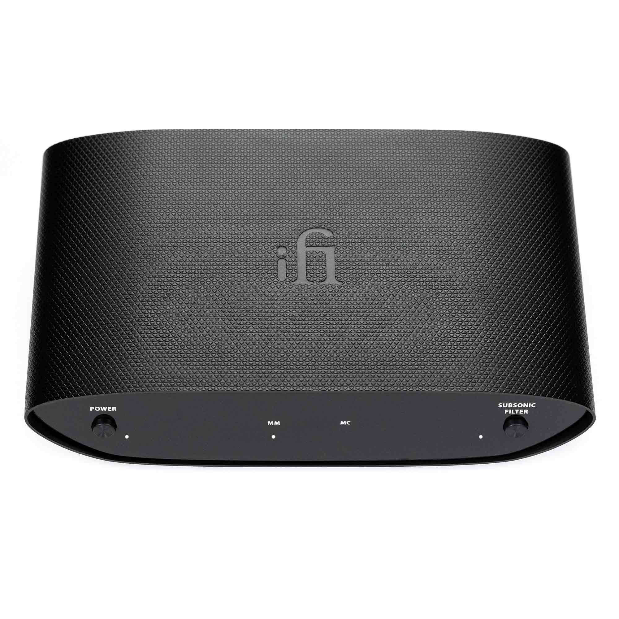 Top view of iFi Audio ZEN Air Phono with power and subsonic filter knobs on a textured black surface