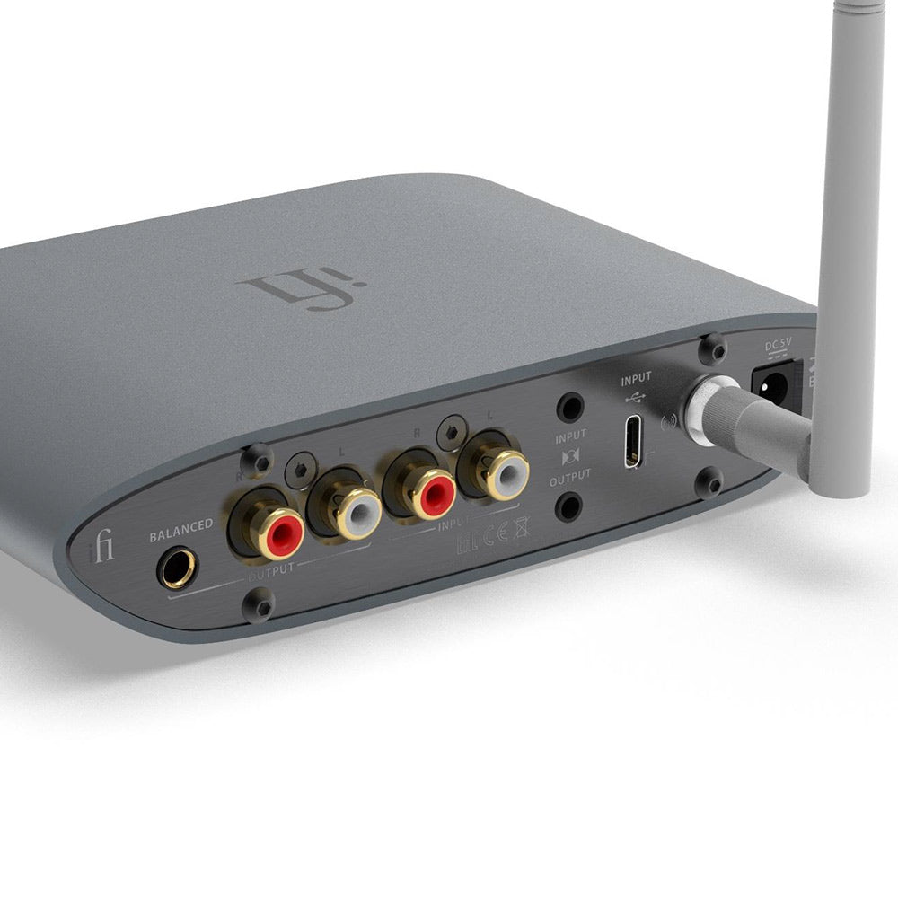 Rear view of the iFi Audio ZEN Blue 3 with balanced output, RCA jacks, USB input, and antenna connected