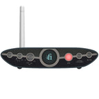 Front view of iFi Audio ZEN Blue 3 Bluetooth transmitter and receiver with display and antenna on white background