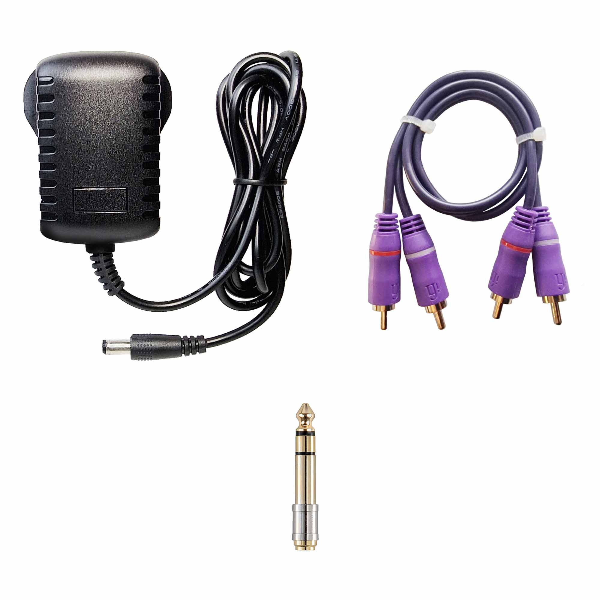 Power adapter, purple dual RCA cable, and gold-tipped 3.5mm to 6.3mm adapter for iFi Audio ZEN CAN Balanced Headphone Amp