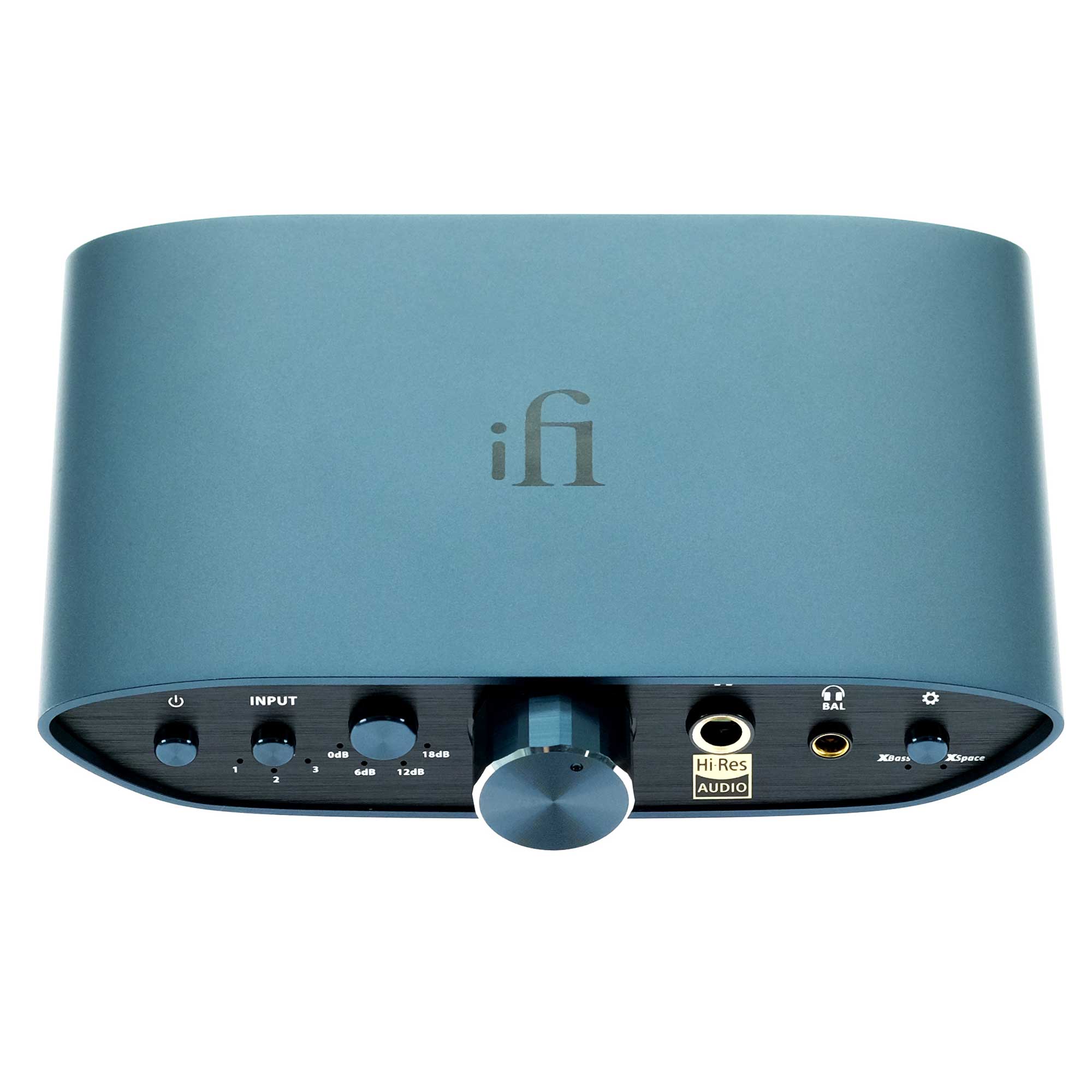 Top view of iFi Audio ZEN CAN Signature headphone amplifier with control knobs and Hi-Res Audio port on white background