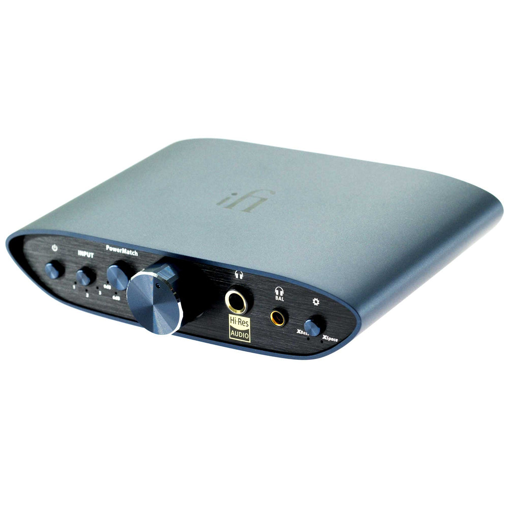 Front angle view of iFi Audio ZEN CAN Signature analogue headphone amplifier with control knobs and headphone jacks visible