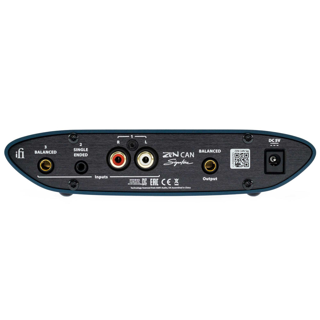 Rear view of iFi Audio ZEN CAN Signature headphone amplifier showing balanced and single-ended inputs and outputs on white background