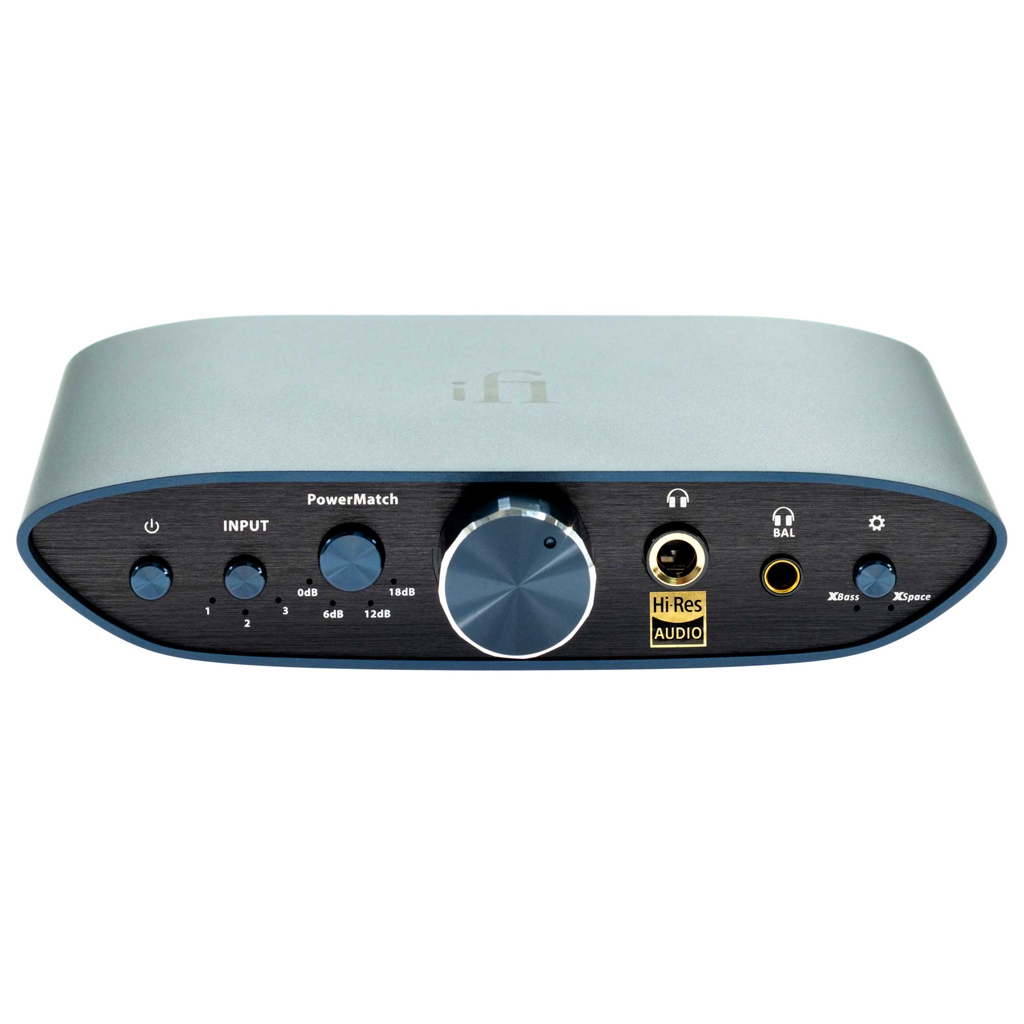 Front view of the iFi Audio ZEN CAN Signature headphone amplifier with volume knob and input controls on white background