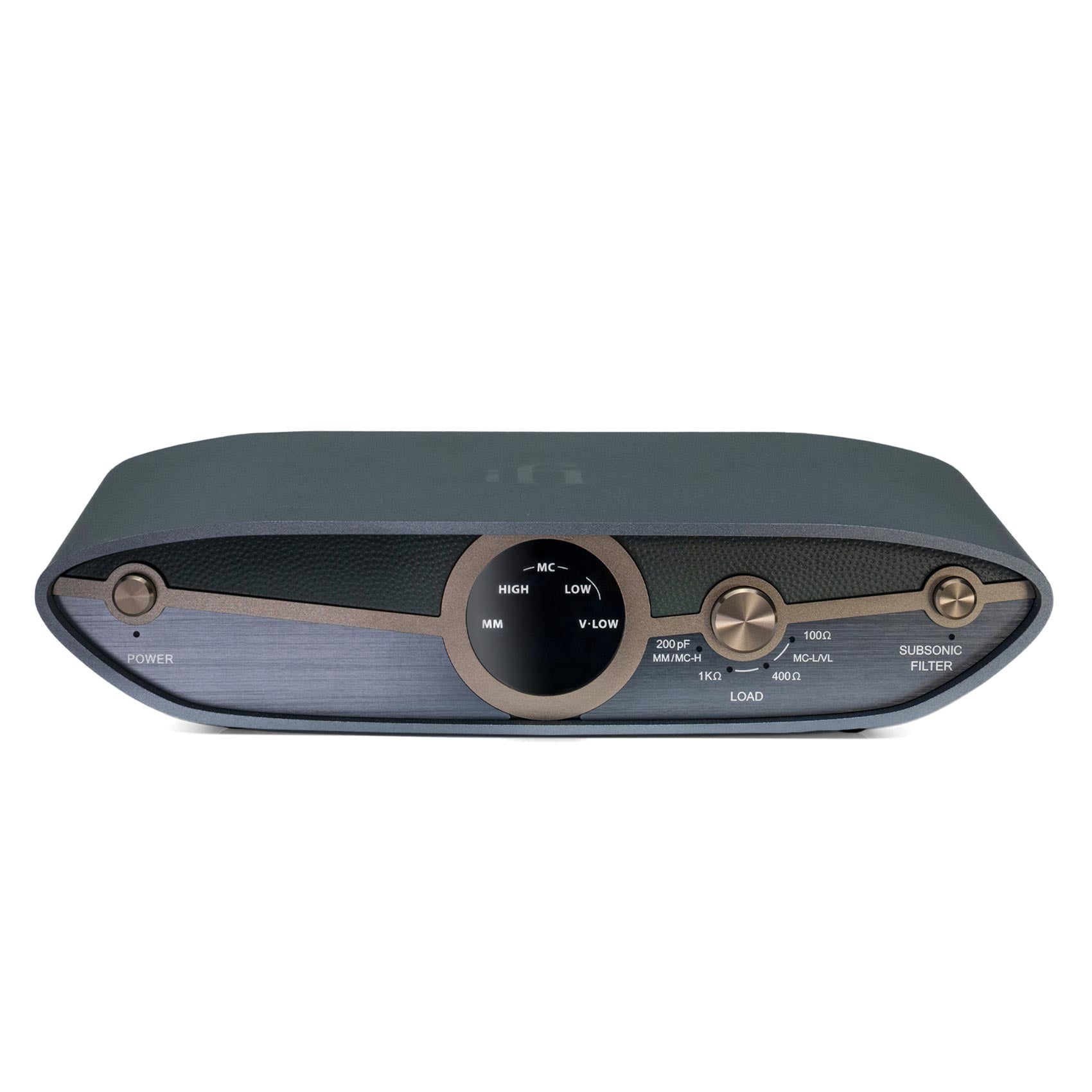 Front view of iFi Audio ZEN Phono V3 phono preamplifier with control knobs and subsonic filter on white background