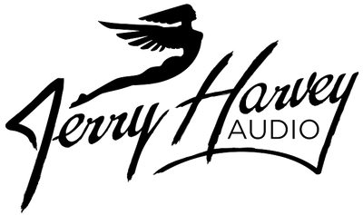 Black and white logo featuring a flying winged female figure above the words Jerry Harvey Audio in elegant, handwritten-style script.