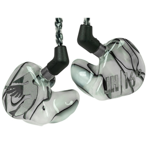 Jerry Harvey JH16V2 in-ear monitors with gray and black marbled custom shells and braided cables on white background