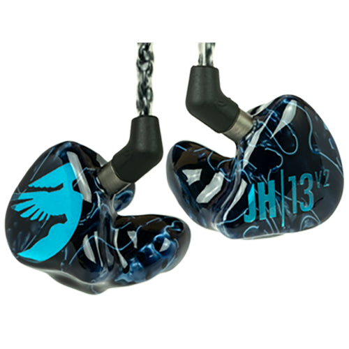 Close-up of Jerry Harvey JH13V2 custom in-ear monitors with blue and black swirl design and detachable cables