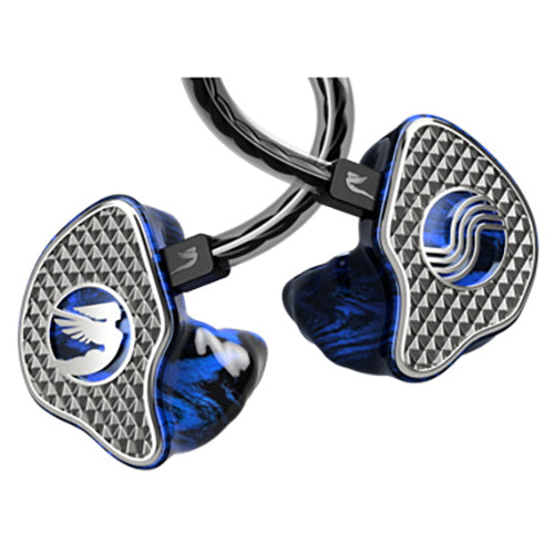 Close-up of Jerry Harvey Sharona IEM with textured silver faceplates and blue custom-molded shells on white background