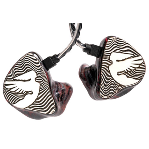 Pair of Jerry Harvey Sheena in ear monitors with black and white bird design on faceplates and translucent red shells