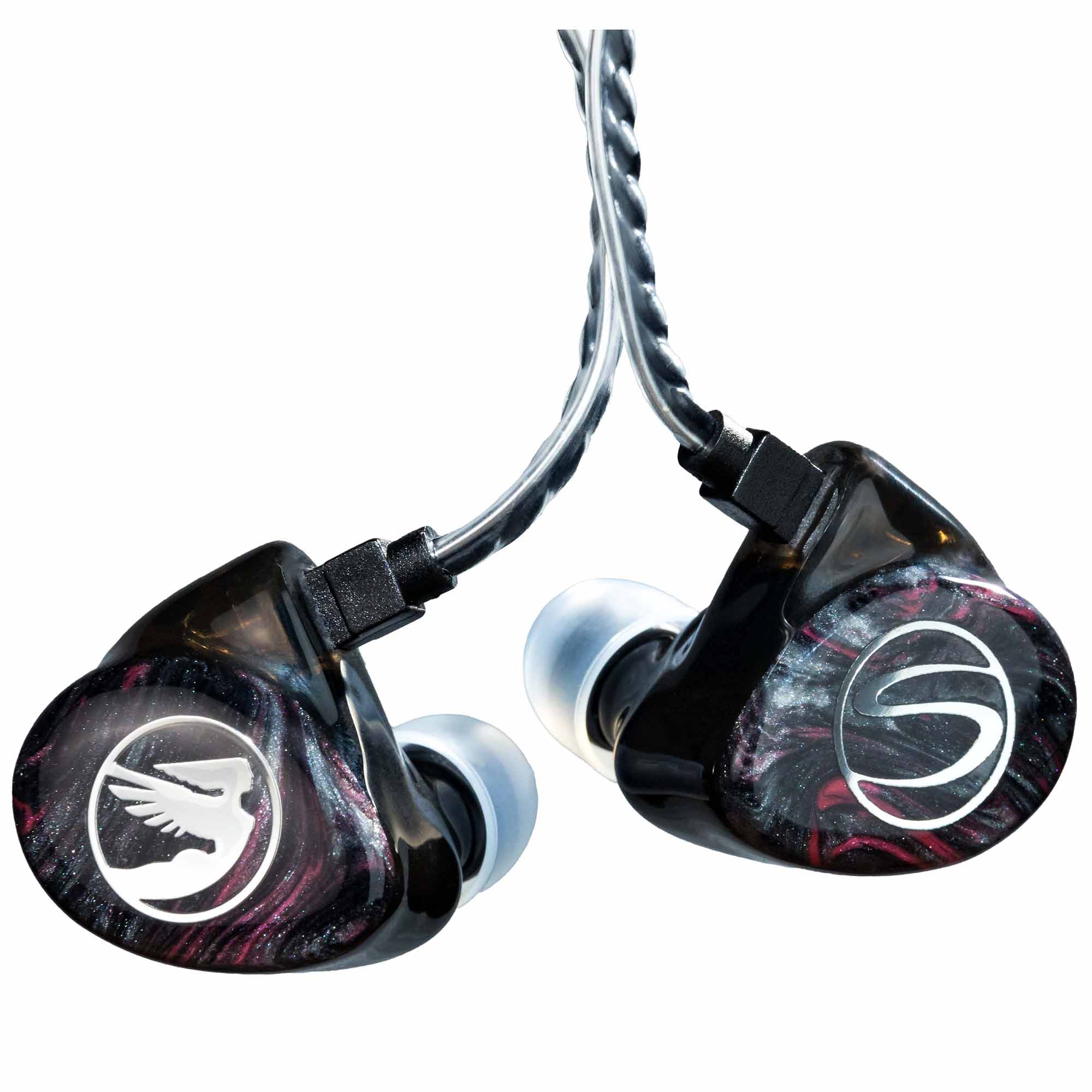 Close-up of Jerry Harvey Sheena Universal in-ear monitors with black marbled faceplates and clear silicone tips on white background