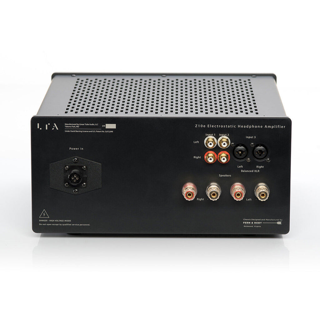Rear view of the LTA Z10e Electrostatic Vacuum Tube Headphone / Integrated Amp showing input and speaker connectors on a white background