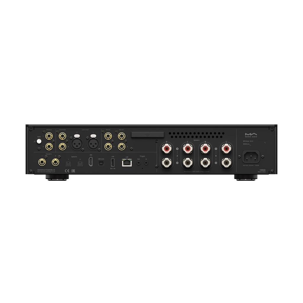Rear view of Matrix Audio MD-1P Integrated Amplifier Music Streamer showing input and output connectors on white background