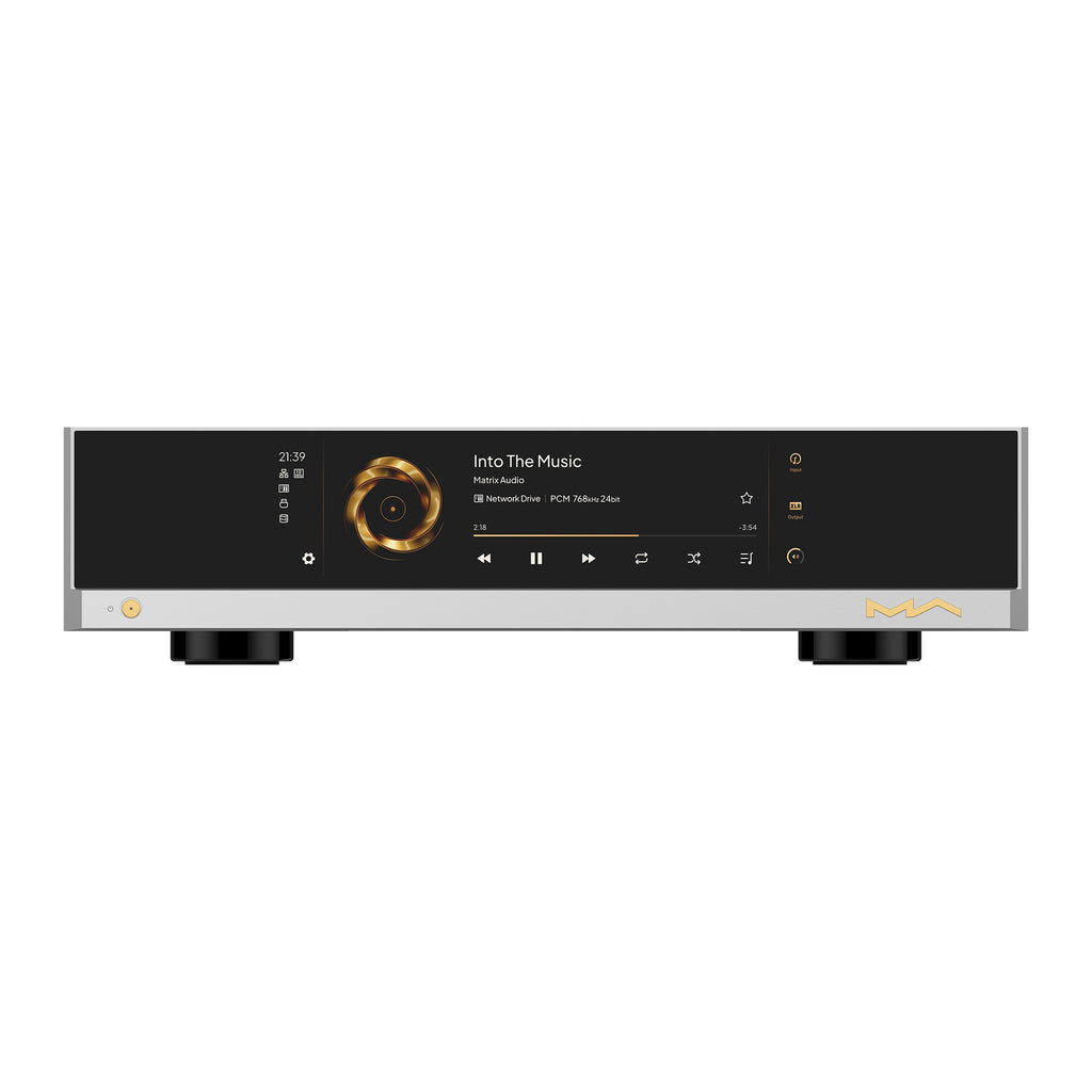 Matrix Audio MS-1 Flagship Music Streamer front view with touchscreen displaying music playback interface on white background