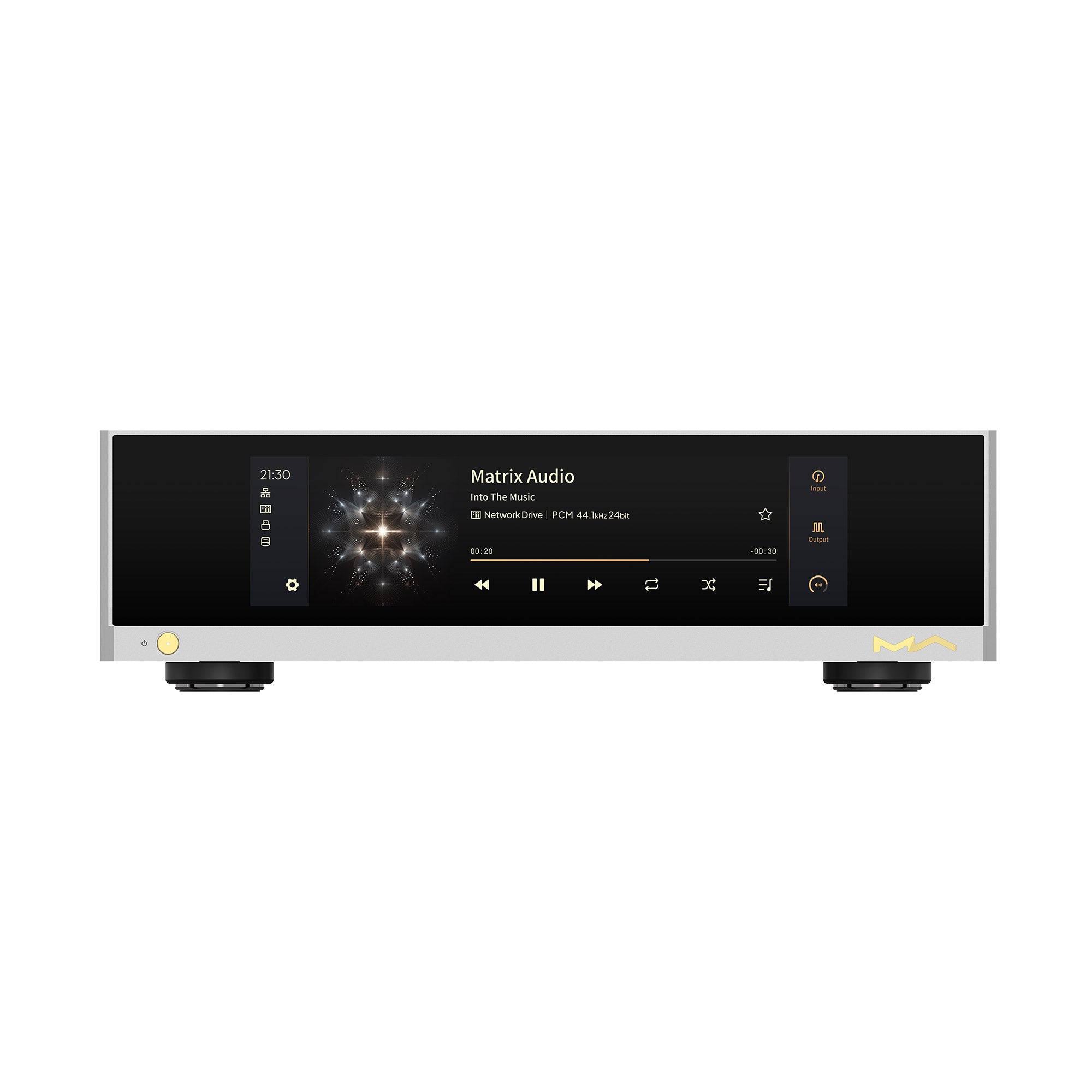 Front view of Matrix Audio NT-1 Reference Digital Audio Transport showing display and control buttons on white background