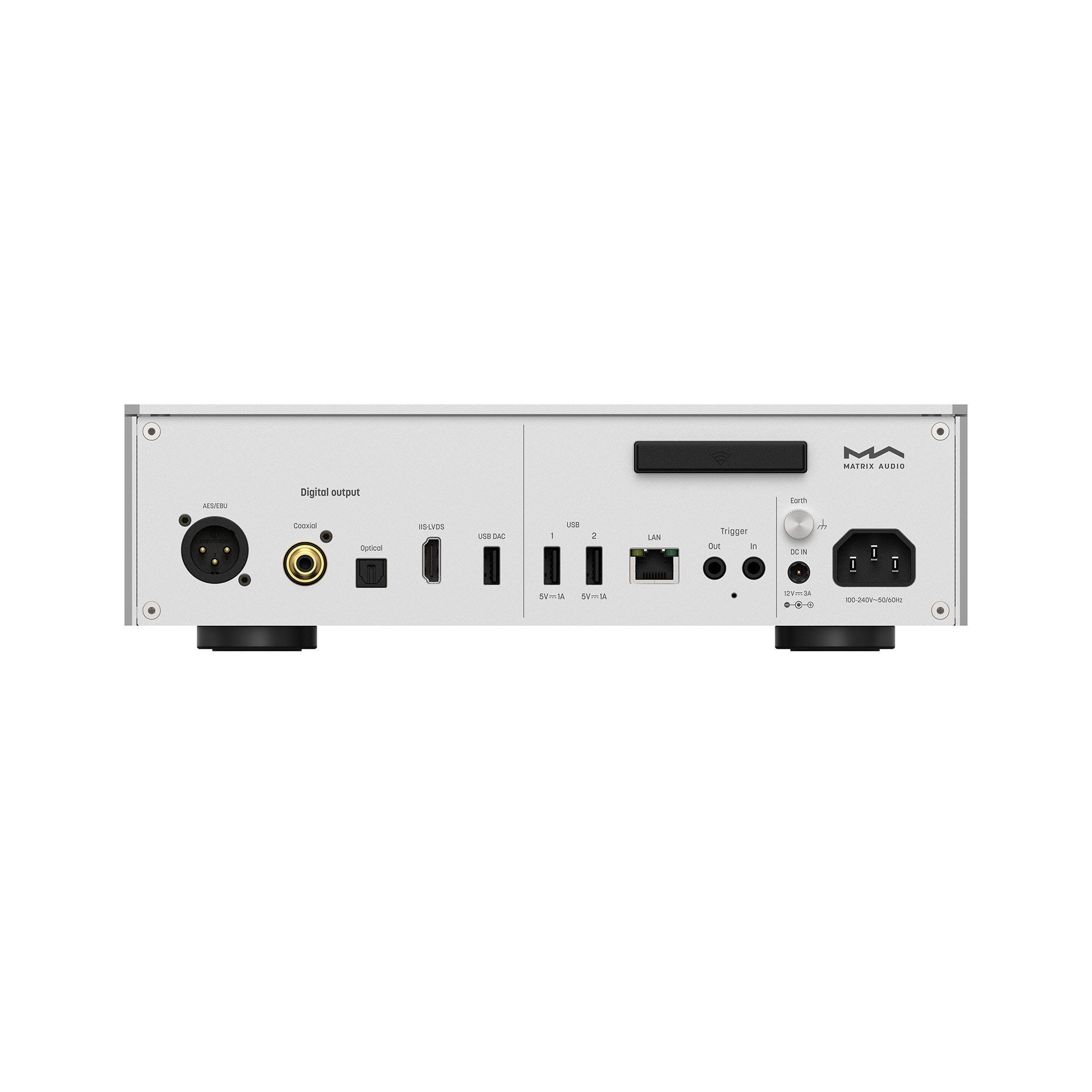 Matrix Audio TT-1 Digital Audio Transport showing rear panel with various digital and power input ports on white background