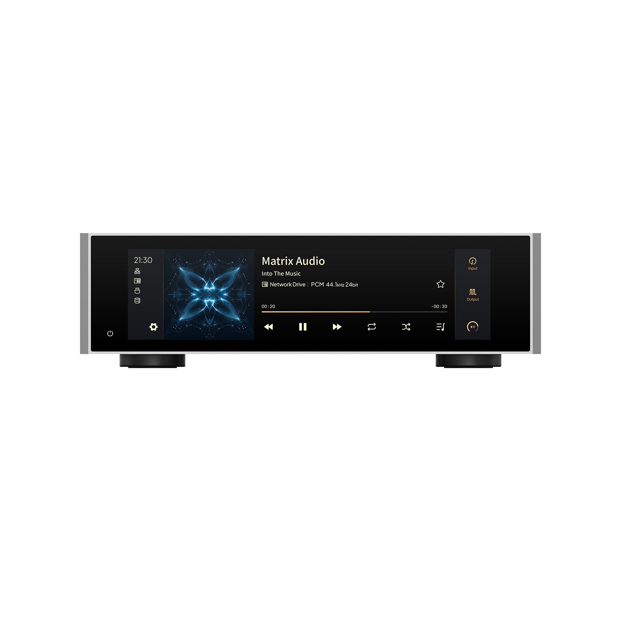 Matrix Audio TT-1 Digital Audio Transport with black front panel displaying music playback and silver side edges on white background