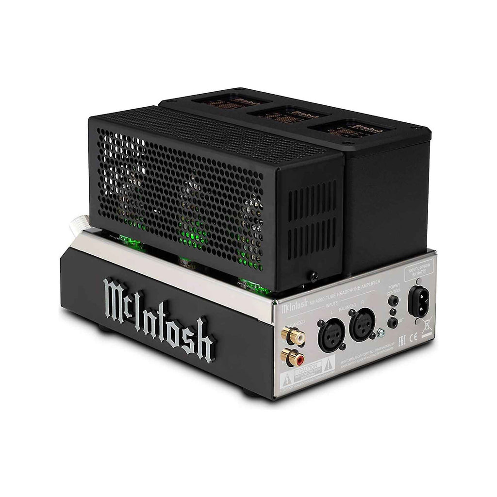 Rear and side view of McIntosh MHA200 Tube Headphone Amp showing input and output connections on white background
